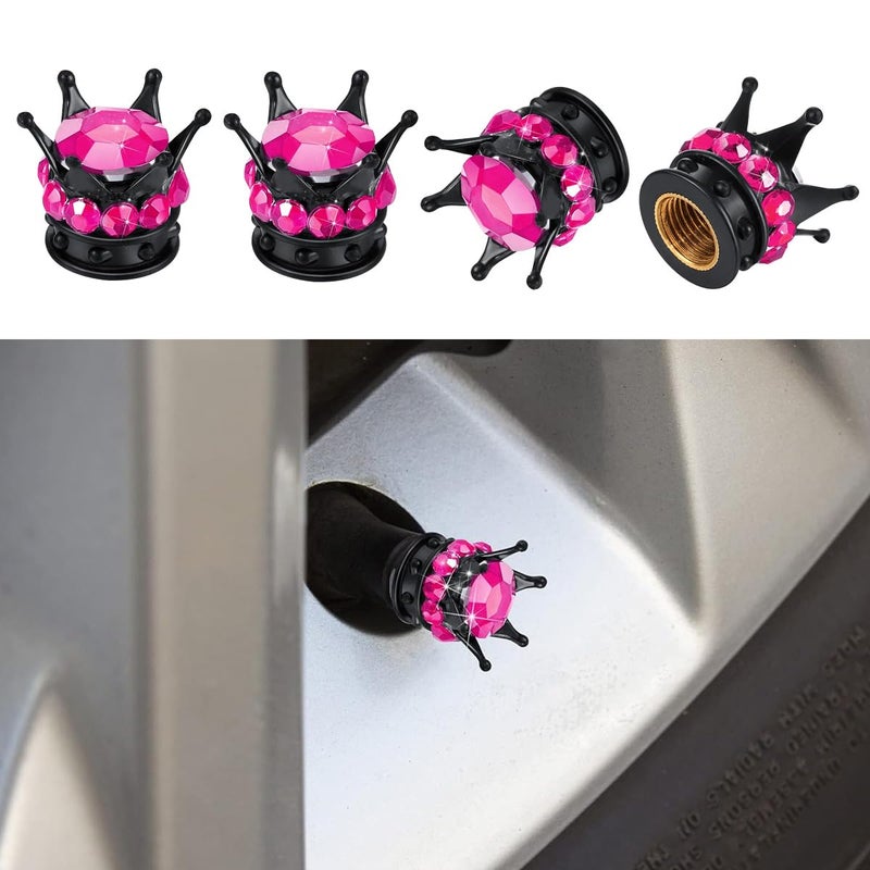 smilfuy 4PCS Crown Tire Valve Stem Caps, Bling Handmade Crystal Rhinestone Car Wheel Tire Valve Caps Covers Chrome, Attractive Dustproof Bling Car Accessories, Universal for Car SUV Truck (Rose Red) - Image 1